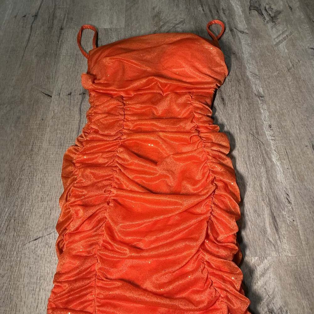 IRIS Orange Ruched Bodycon‎ Mini Dress Mesh Glitter Size S Going Out Party - Picture 3 of 4